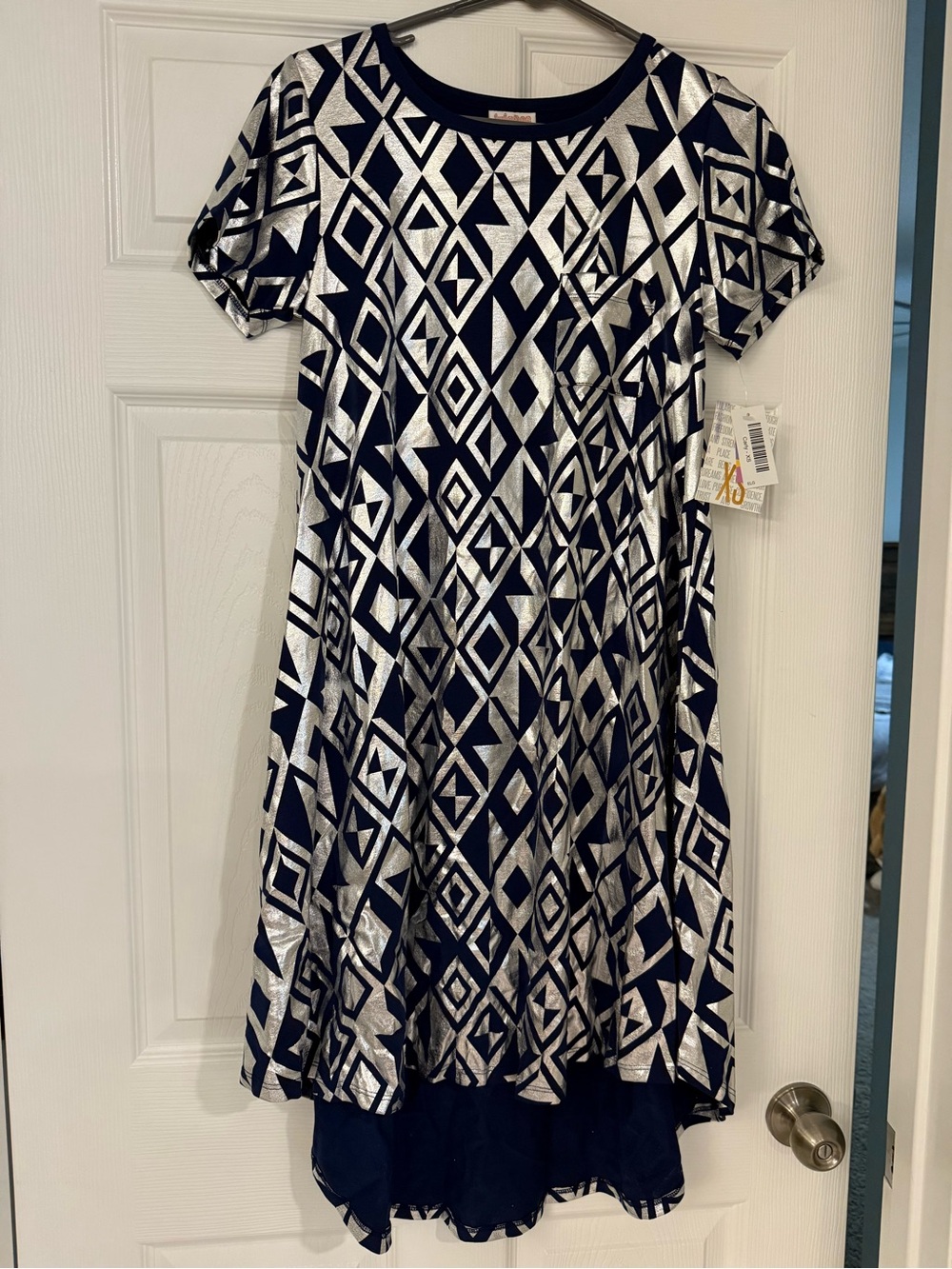 Lularoe Carly Dress - Navy and Silver Geometric